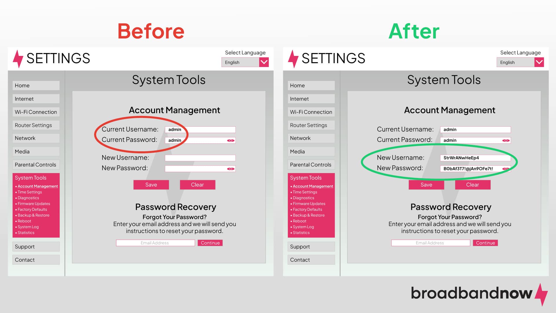 A graphic-design image of two settings screens with different usernames and passwords.