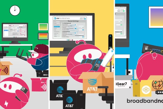 A graphic illustration of character mascots in different situations for internet installation.