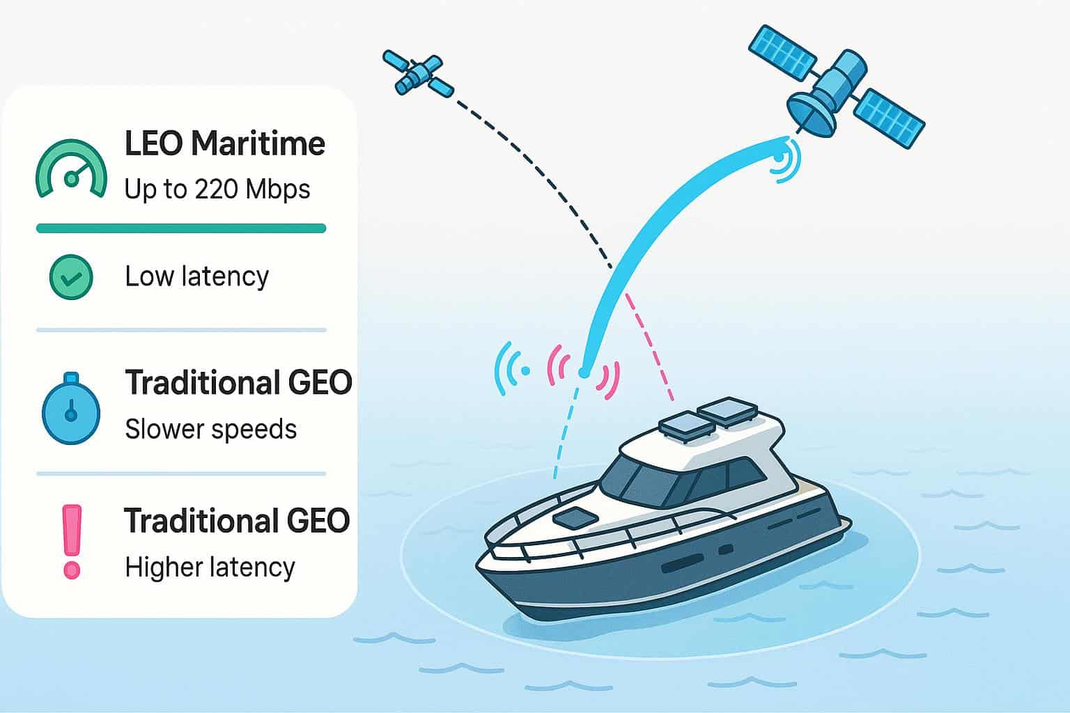 Illustration of a boat connected to LEO satellite, showing faster speeds and lower latency than traditional GEO.