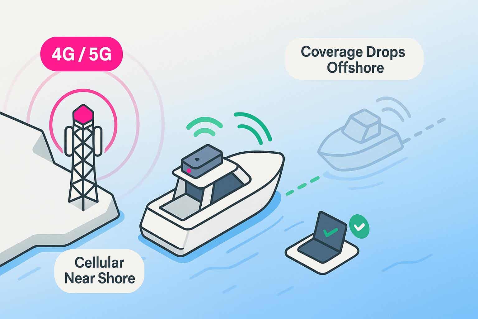 Illustration of 4G/5G tower and boat showing cellular works near shore, drops offshore.