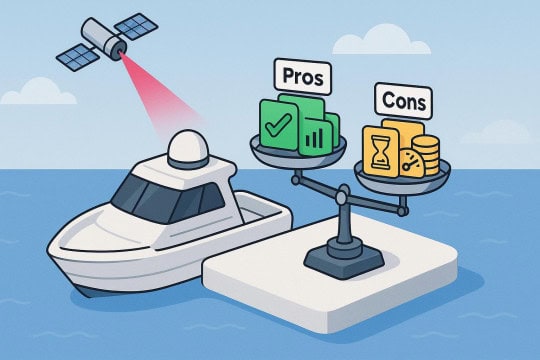 Illustration weighing the benefits and drawbacks of satellite internet for boats.