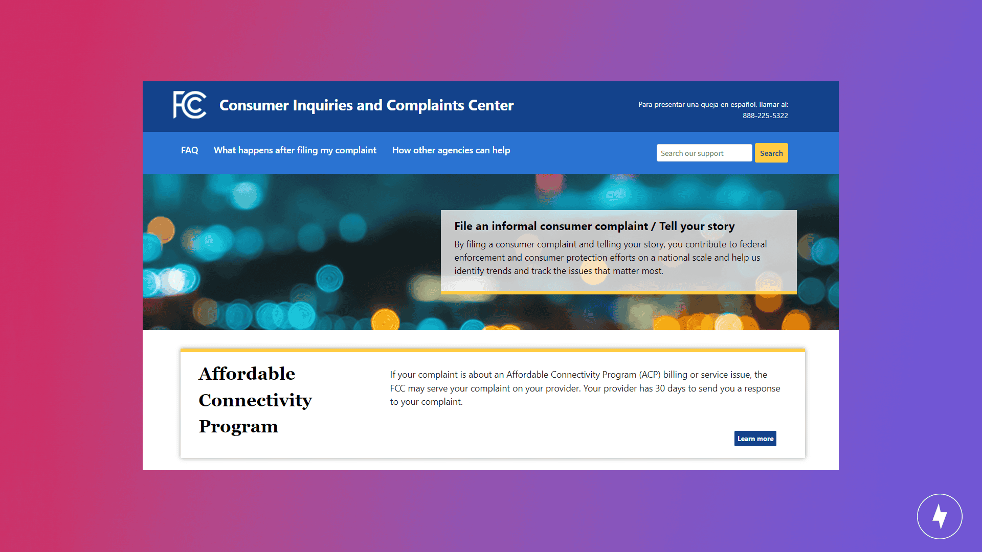 Screenshot of the FCC Consumer Inquiries and Complaints Center