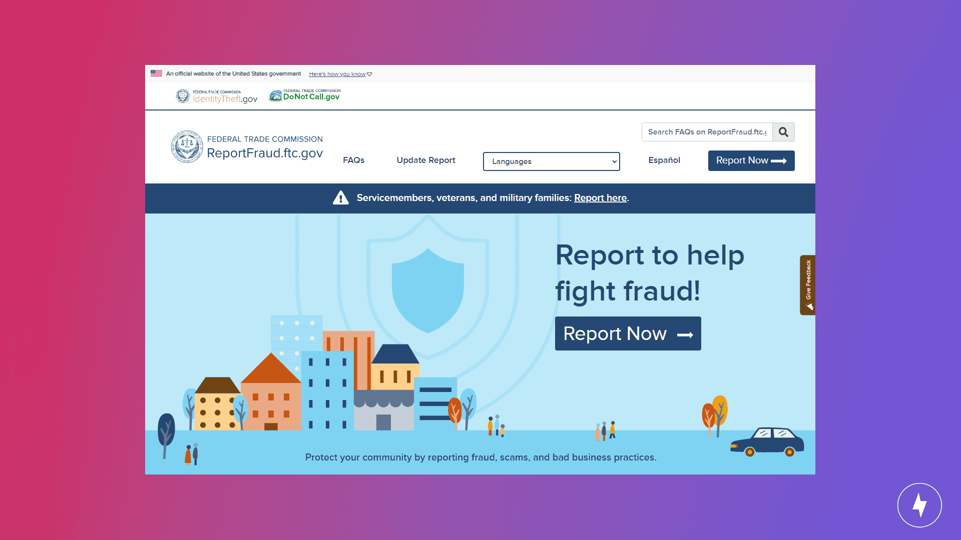 Screenshot of the FTC’s Report Fraud portal