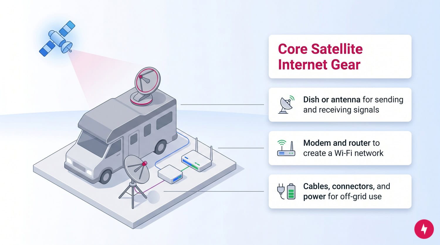 Diagram showing an RV connecting to a satellite via roof and tripod dishes, plus modems and cables.