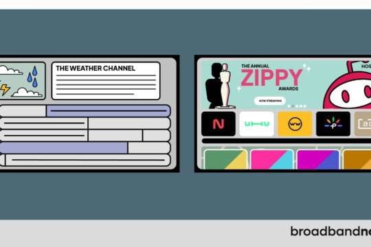 A graphic-design image of two TV screens showing a cable TV menu and a streaming menu.
