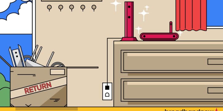 A graphic design image of a modem and router on top of a drawer and a box of old equipment in front of a door.
