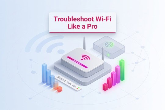 An isometric 3D router illustration showing signal improvement from failing red bars to strong green.