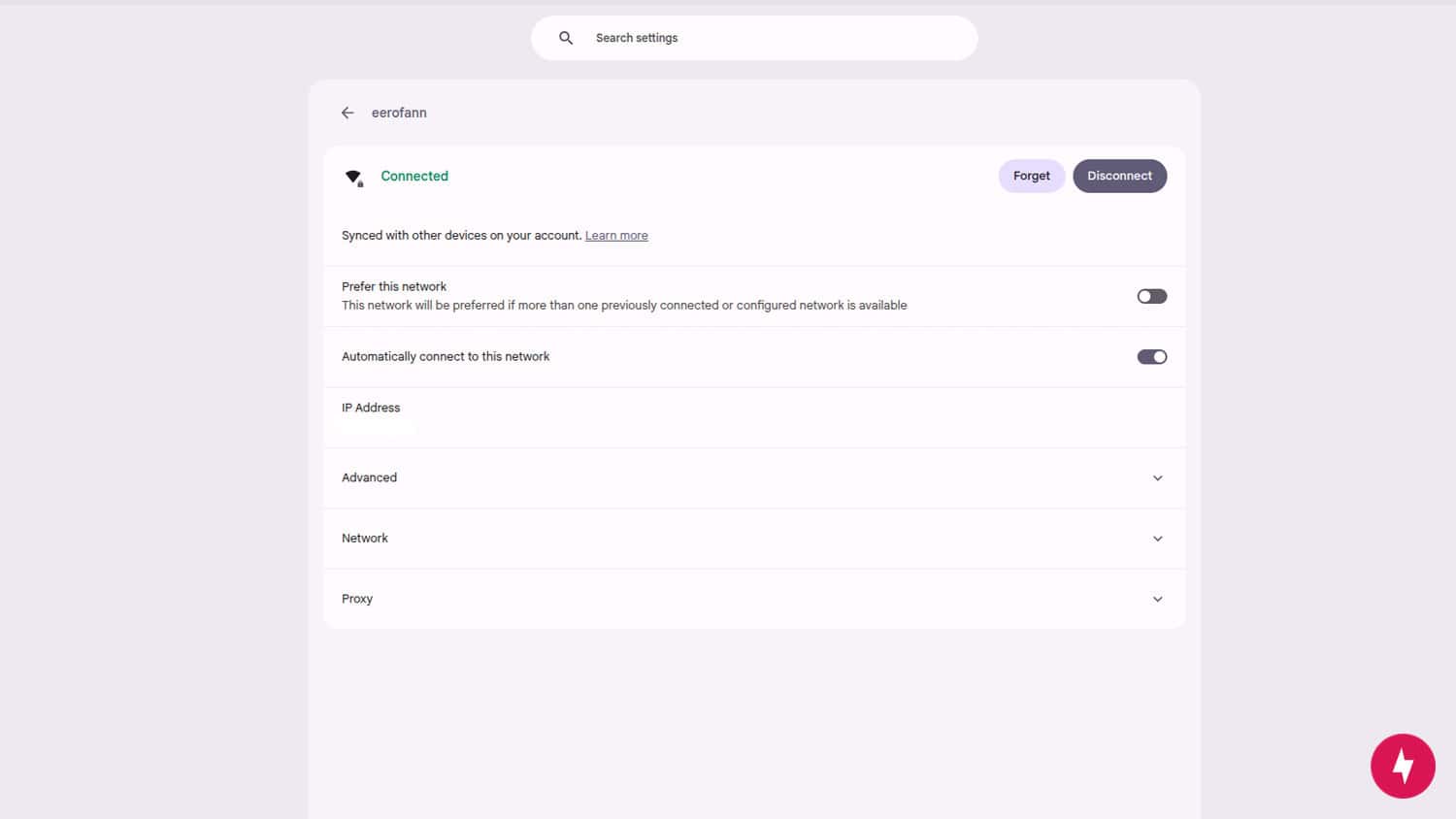 A screenshot of an internet connection in settings on a laptop.