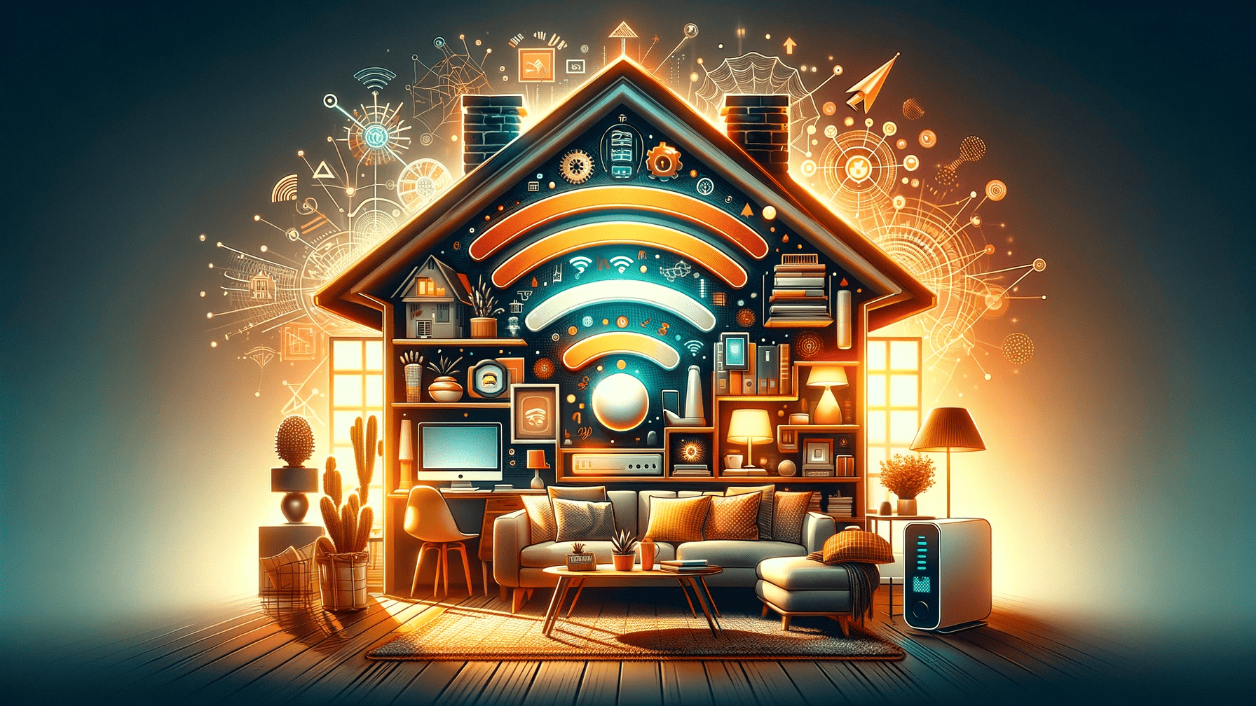 Stylistic image of a home covered in Wi-Fi