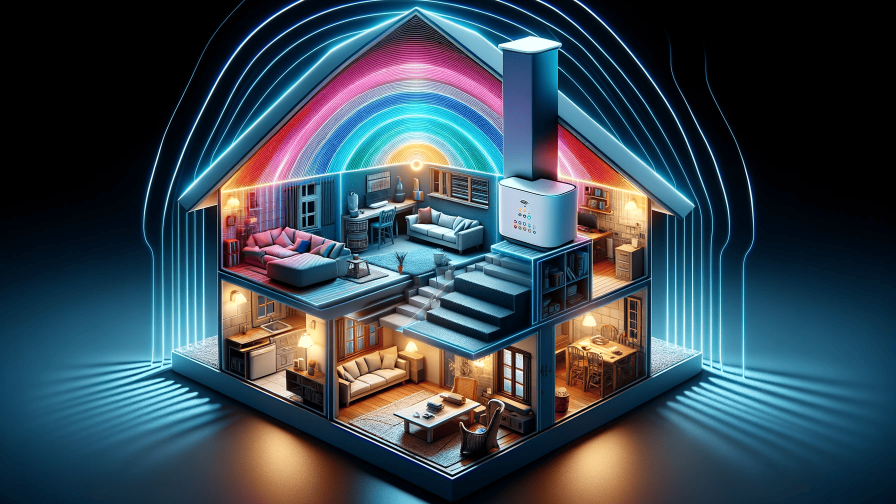 Stylistic cutaway image of a house showing its Wi-Fi signals