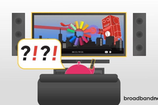 A graphic design image of character mascot, Zippy, watching TV with a buffering symbol.