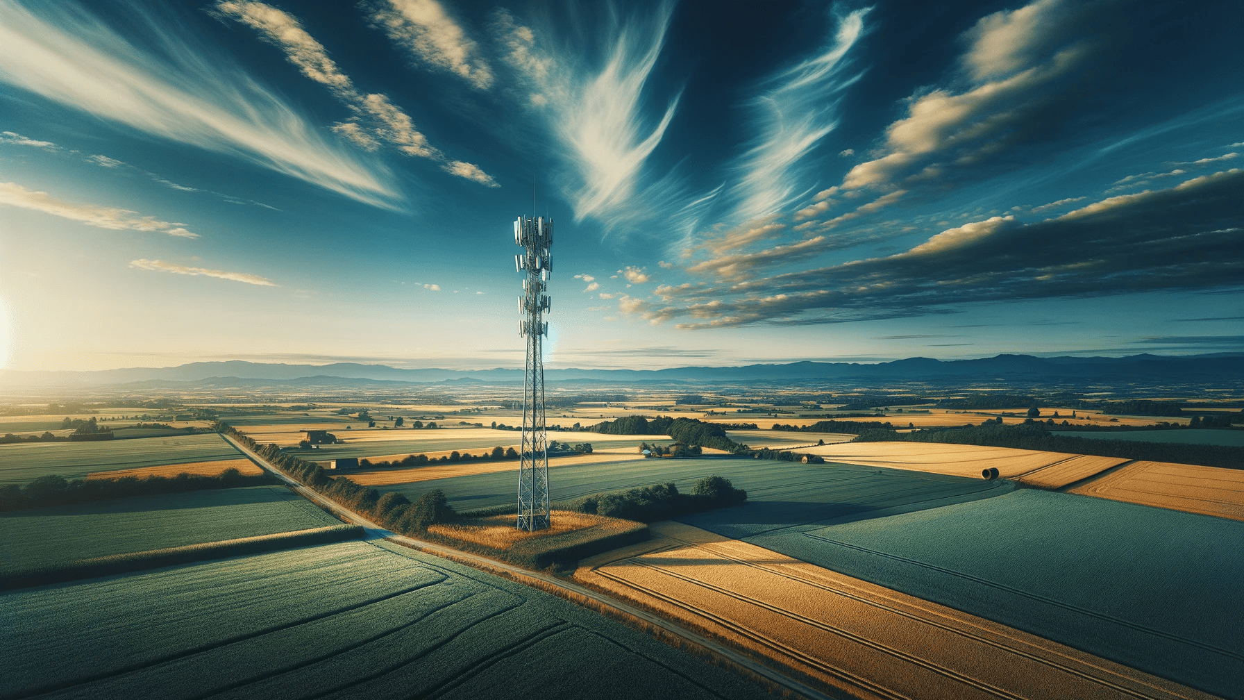 A rural landscape with a 5G cell tower in view