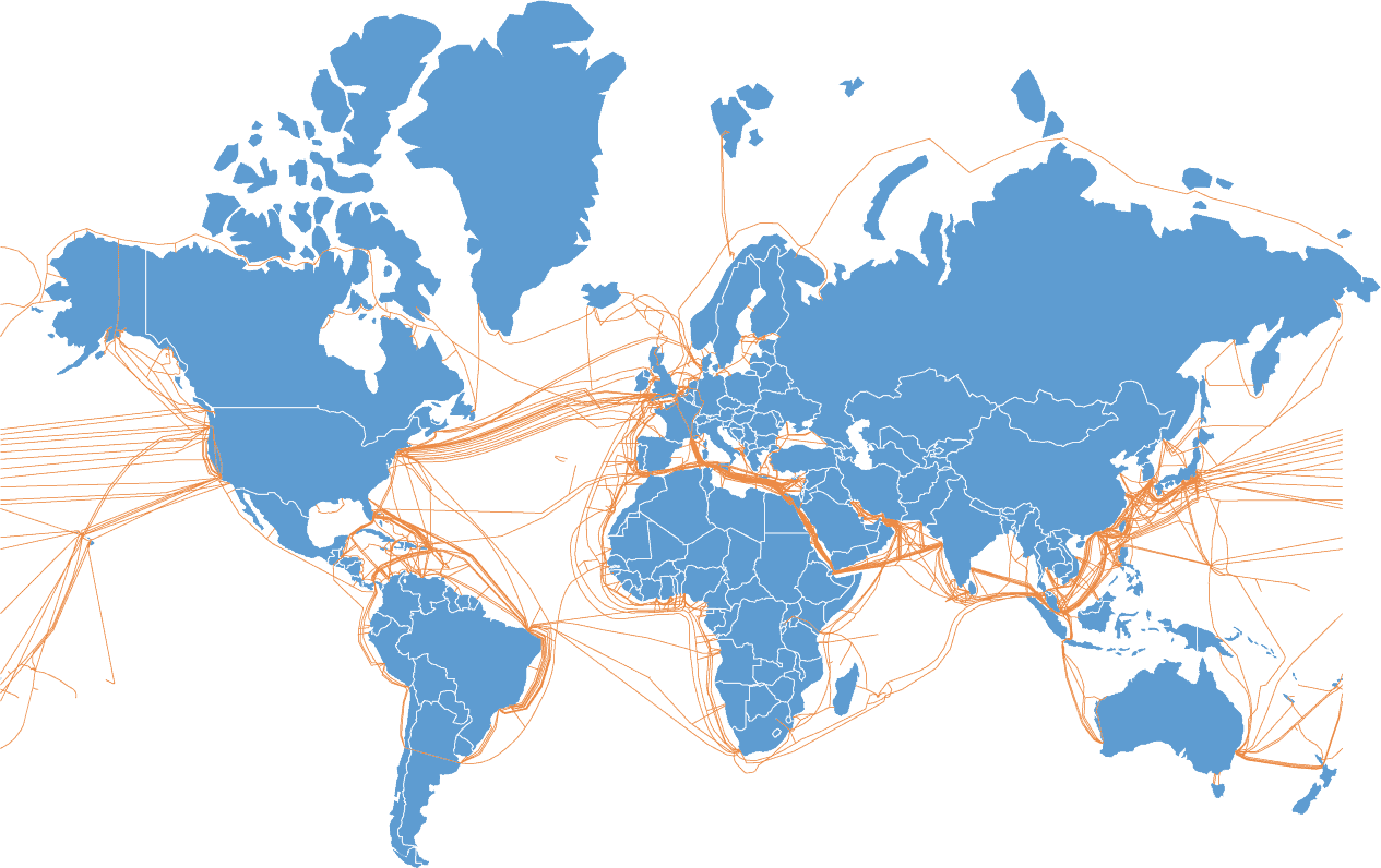 Map of submarine fiber cables in the Internet backbone. 