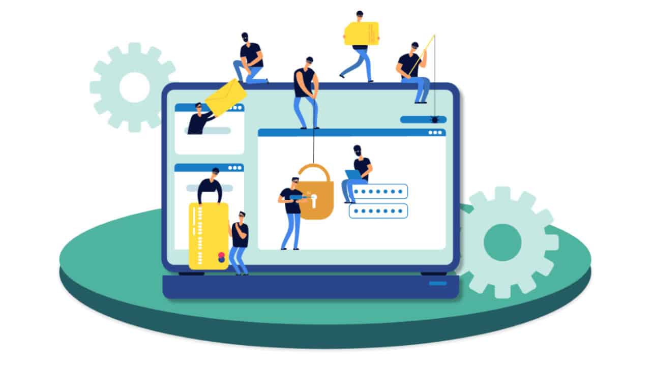 A cartoon graphic showing workers securing a router admin panel.