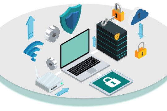 A cartoon graphic of secure Wi-Fi connected devices, including a laptop, router, and a tablet.