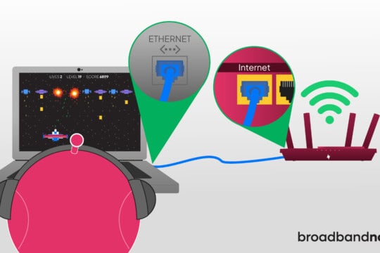 A graphic design of a character mascot playing games on a computer while connected to a router by an Ethernet cable