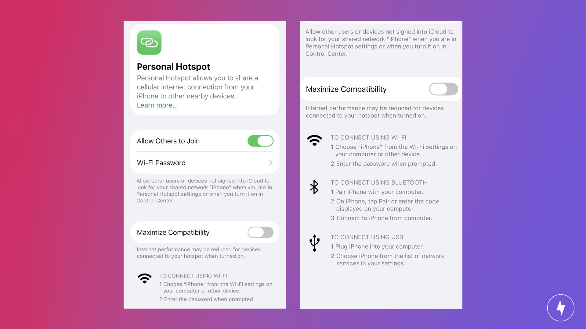 Two side-by-side images of Personal Hotspot screenshots on an iPhone 16