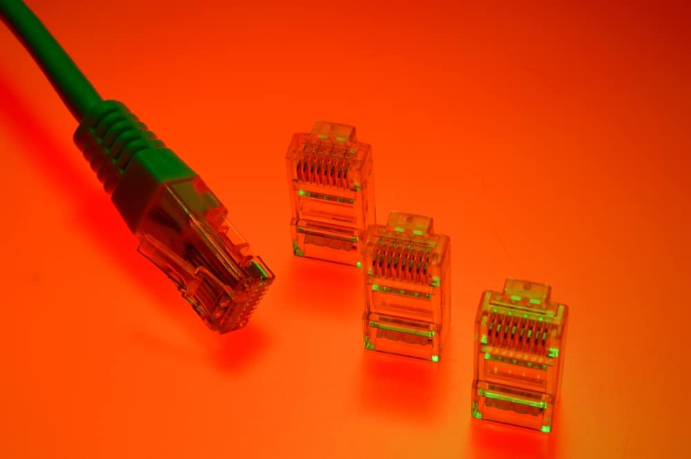 A green Ethernet cable and Ethernet cable covers against a red backdrop 