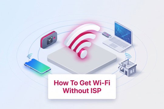 An isometric 3D graphic featuring four tech devices surrounding a central magenta Wi-Fi icon.