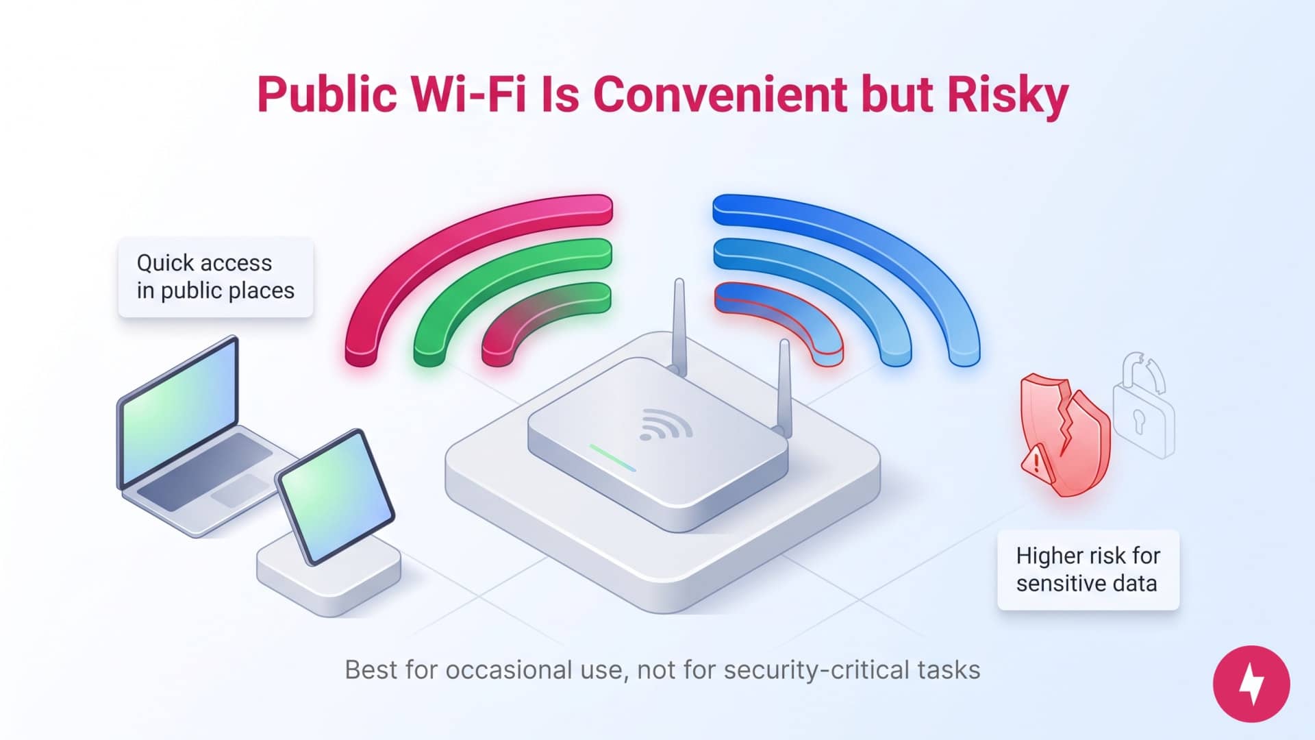 Graphic showing devices connecting to public Wi-Fi with symbols noting convenience and risk.