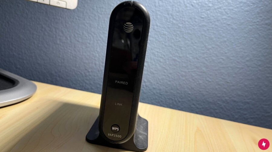 An AT&T router on a desk.