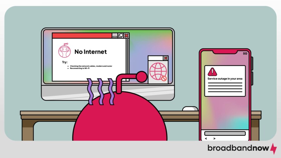 Character mascot struggling to connect to the internet on his computer and phone.