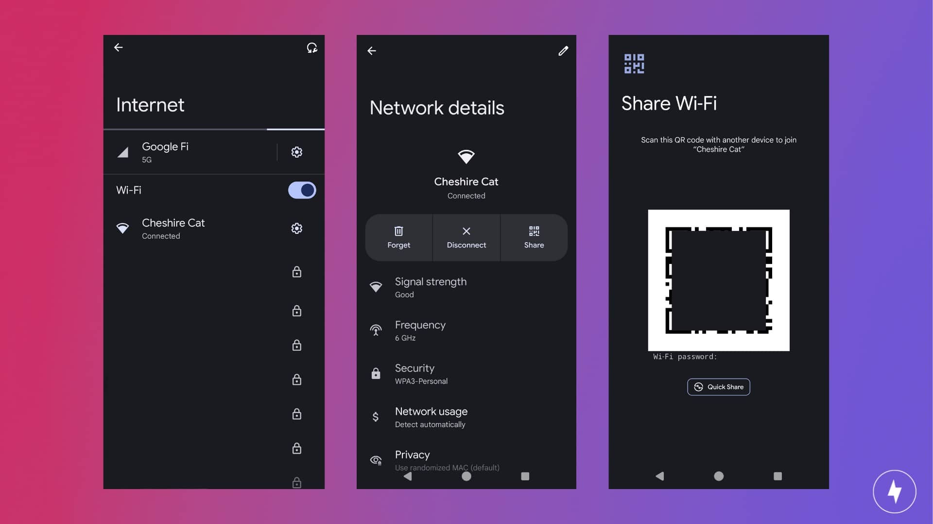 Screenshots of sharing the Wi-Fi password on an Android.