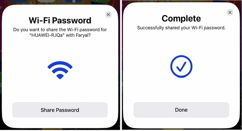 Screenshot of Wi-Fi password sharing on iPhone