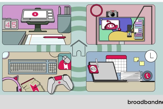 A graphic with four panels, each with various online activities.