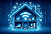 Illustration with a house emitting Wi-Fi symbols on a binary background