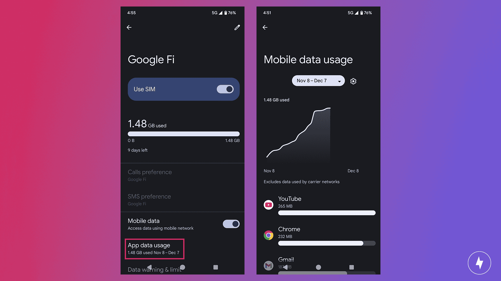 Screenshot of Android data usage