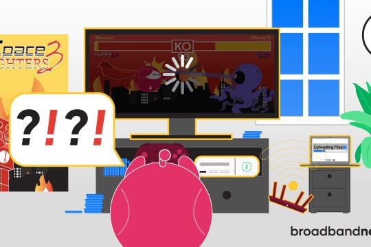 A graphic design of a character mascot trying to play video games but it's lagging.