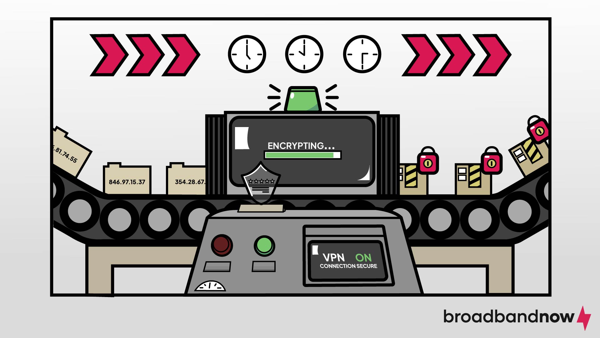A graphic design image of files moving through a conveyor belt for encryption.