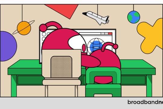 A graphic design depicting an adult character mascot sitting with their child in front of a computer