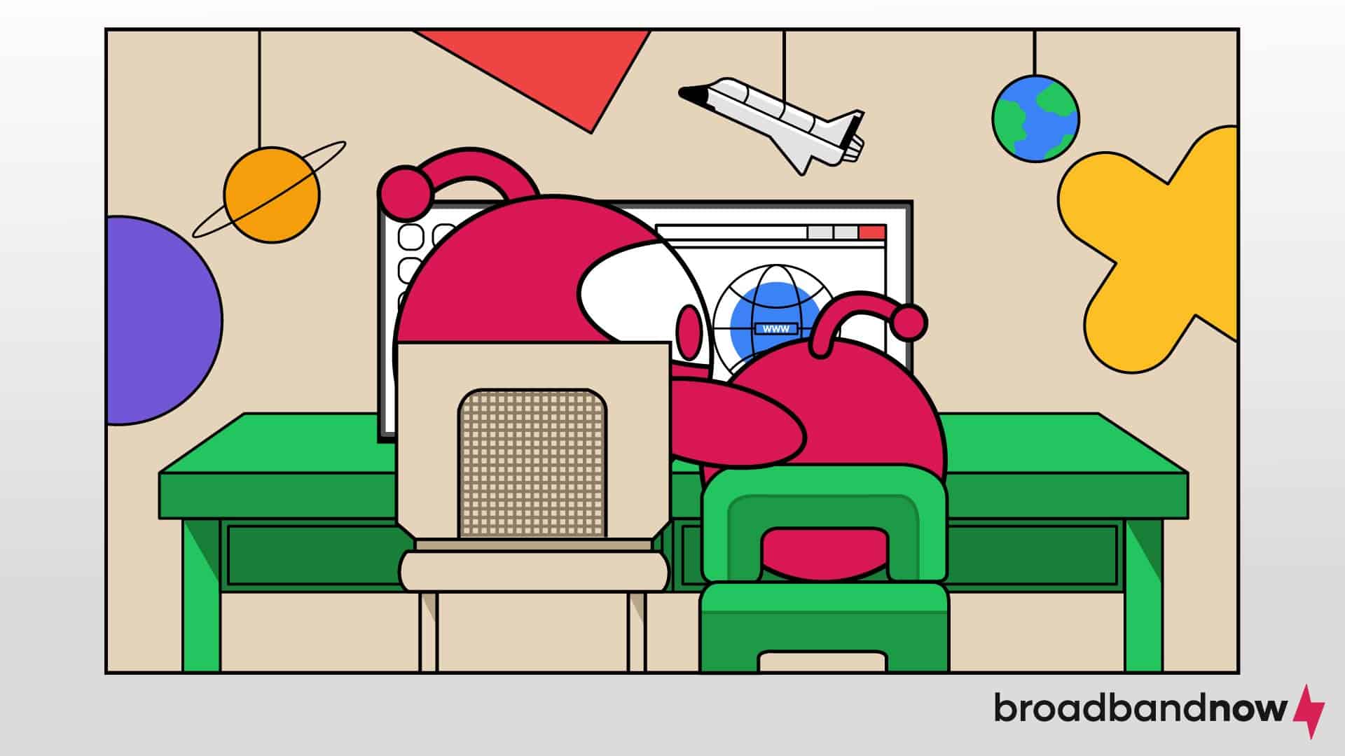 A graphic design depicting an adult character mascot sitting with their child in front of a computer