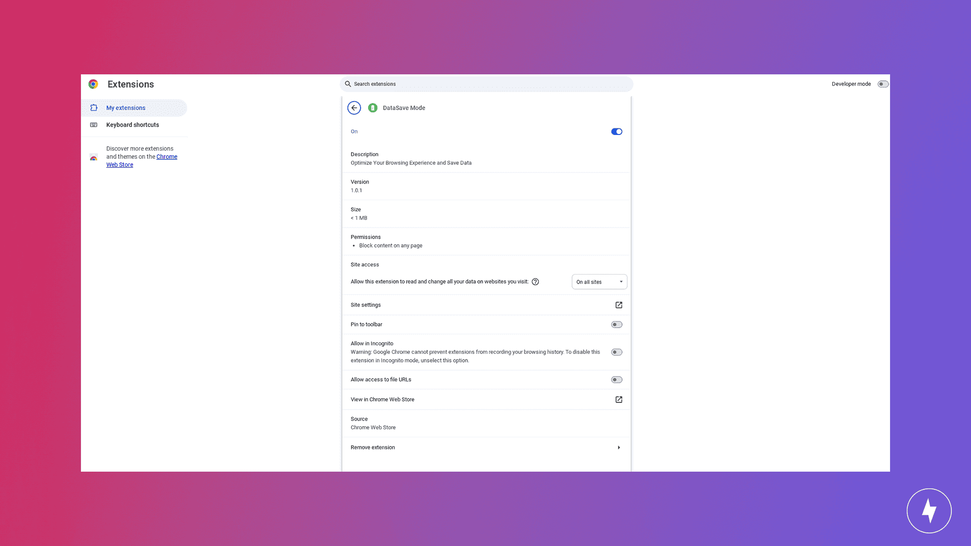 Screenshot of the settings for DataSave Mode, a Google Chrome extension