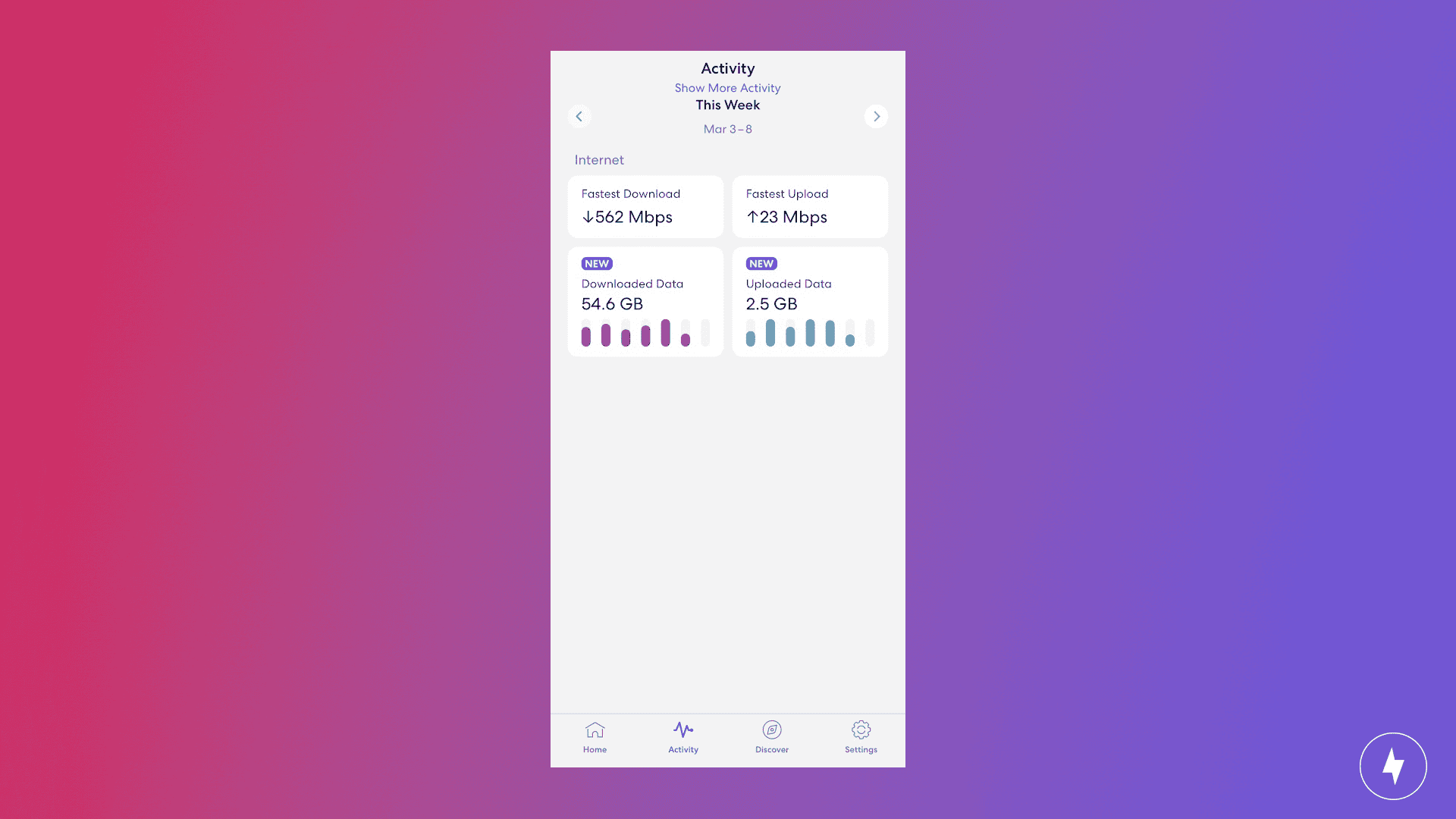 Screenshot of the eero app showing upload and download speeds for an eero Pro 6 router
