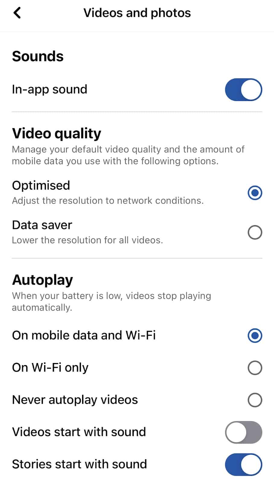 Facebook “Videos and photos” settings on iPhone