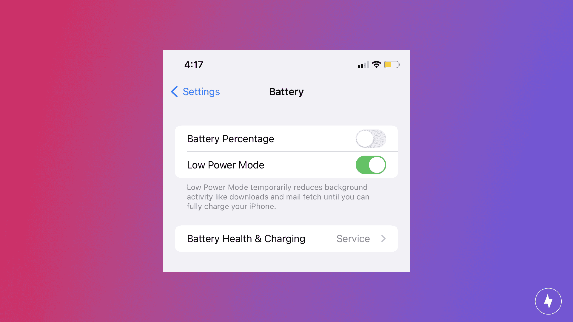 Screenshot of the Low Power Mode settings on iOS