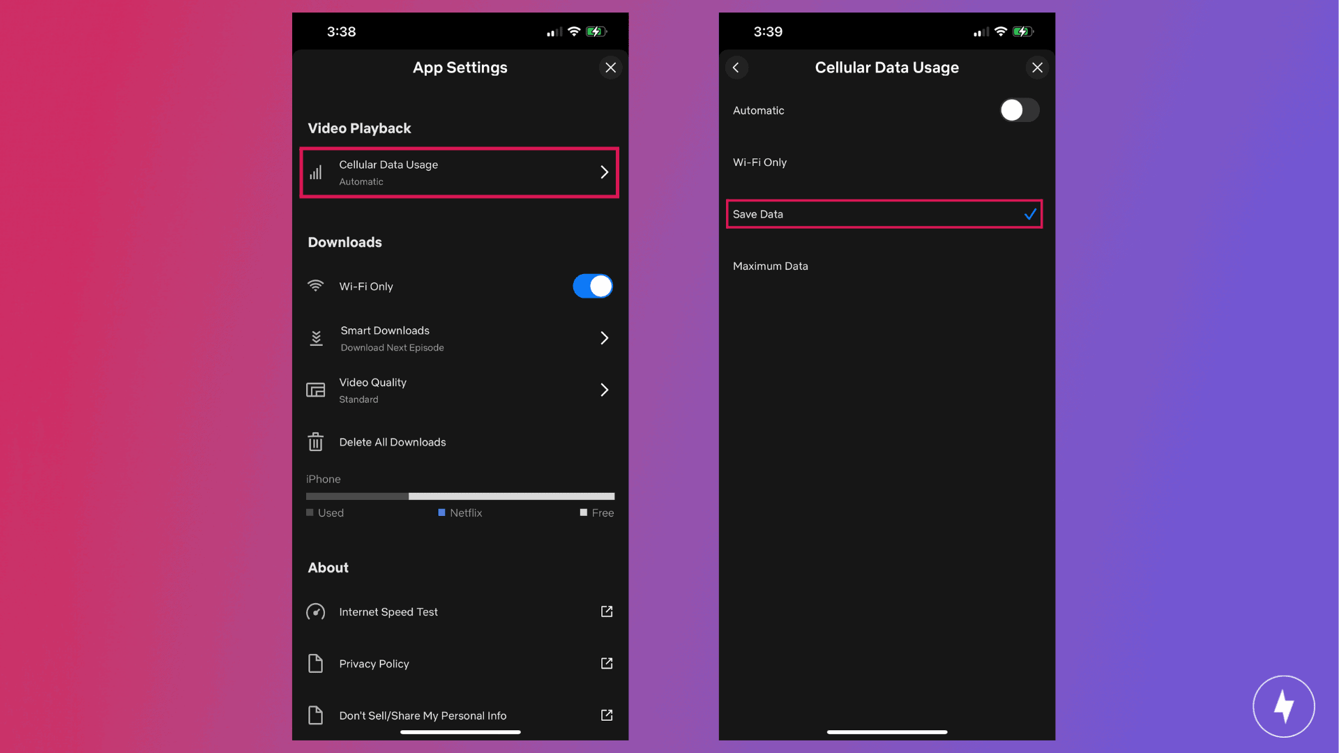 “Mobile Data Usage” settings on the iPhone Netflix app