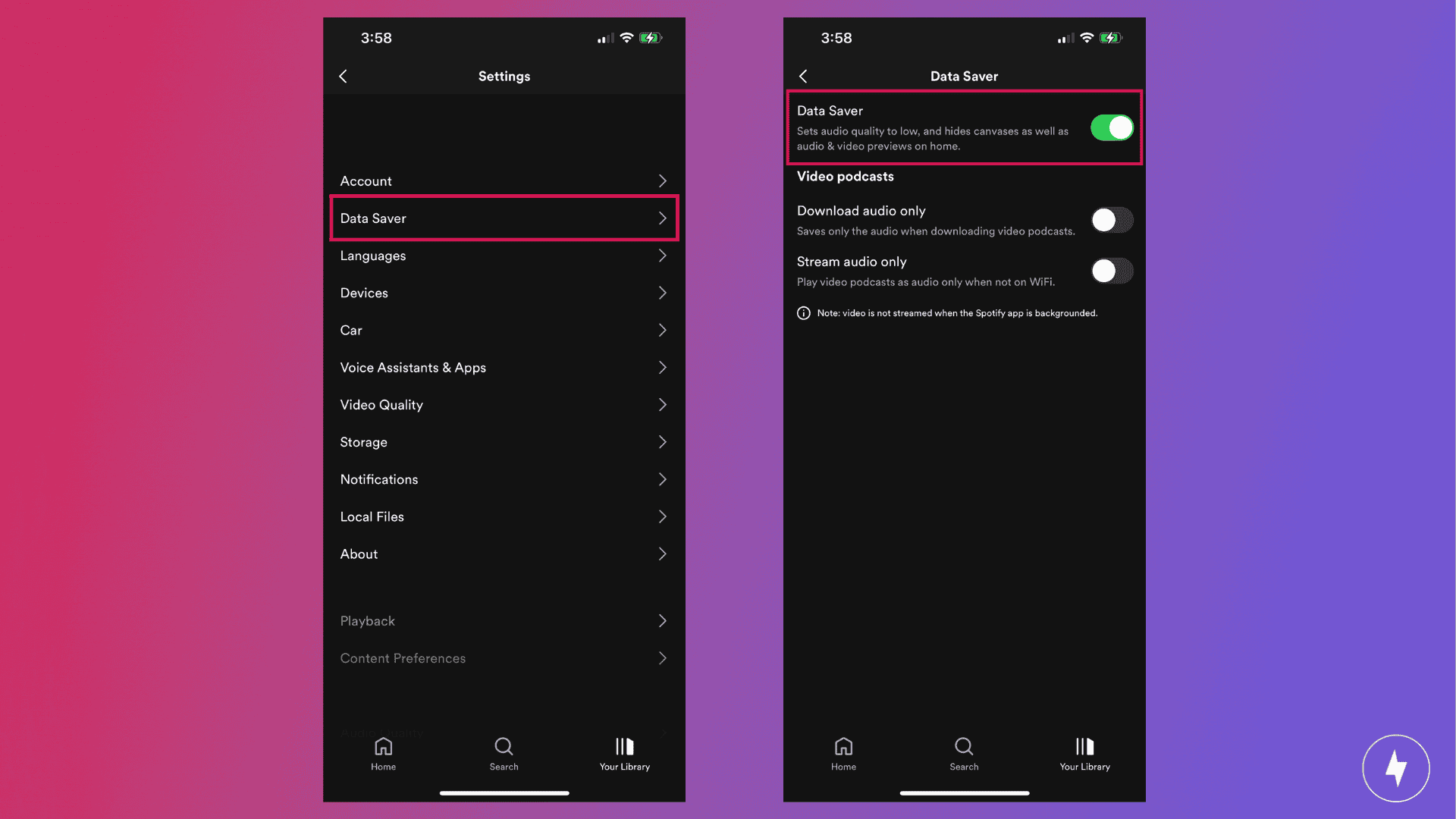 Spotify “Data Saver” mode settings on iPhone