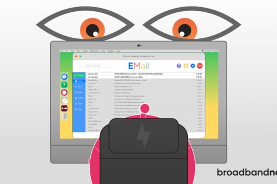 A graphic-design image of a pair of eyes looking over a character logging in to their email account.