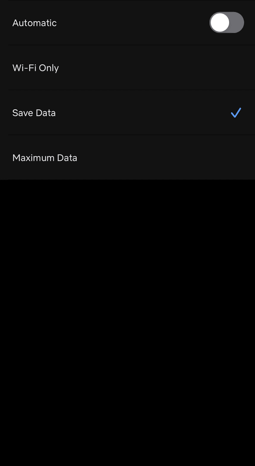 “Mobile Data Usage” settings on the iPhone Netflix app