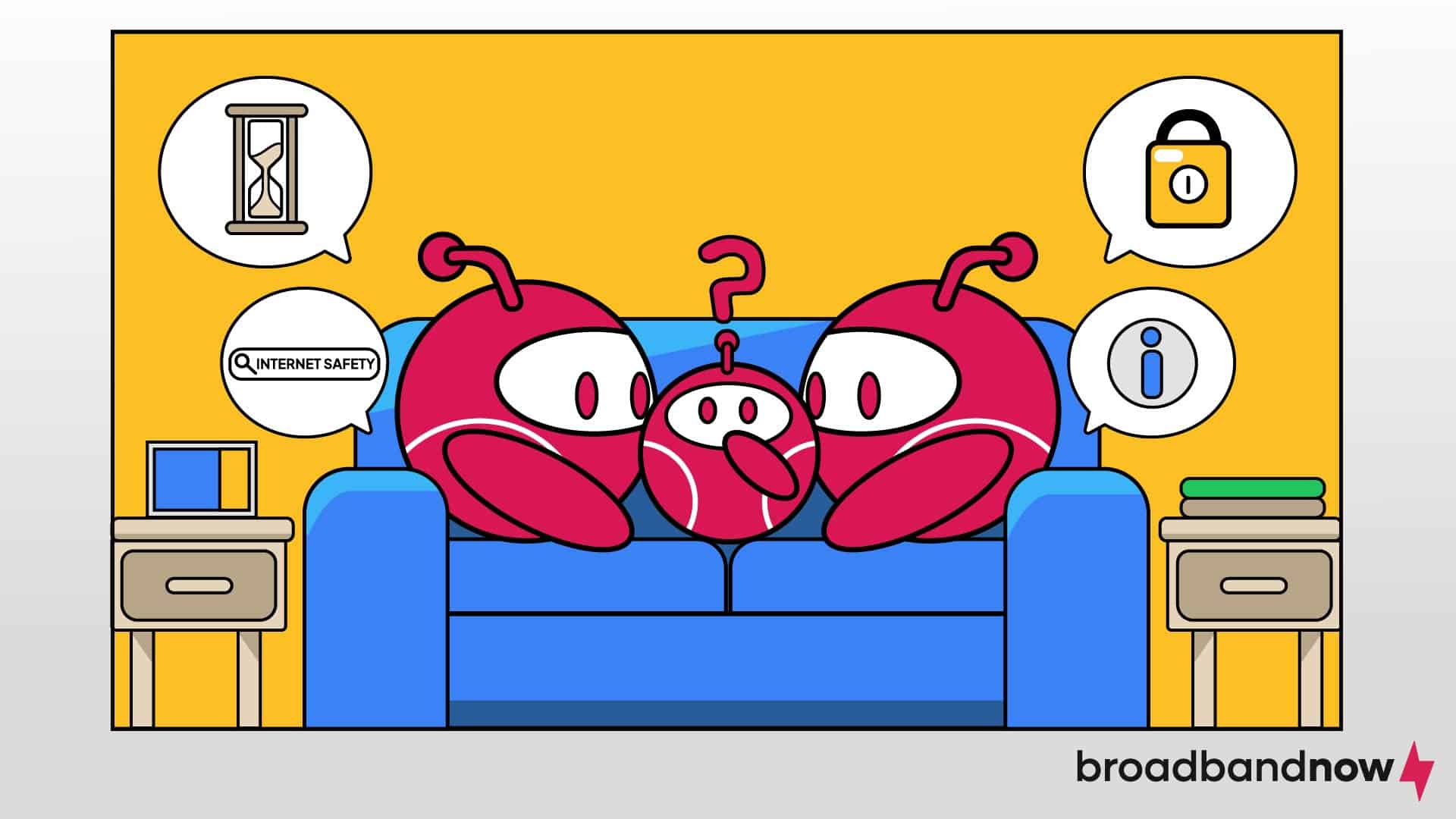 A graphic design of two parent character mascots sitting with their child on the couch to talk about online safety