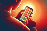 An illustration of someone using a smartphone with apps displayed on the screen.