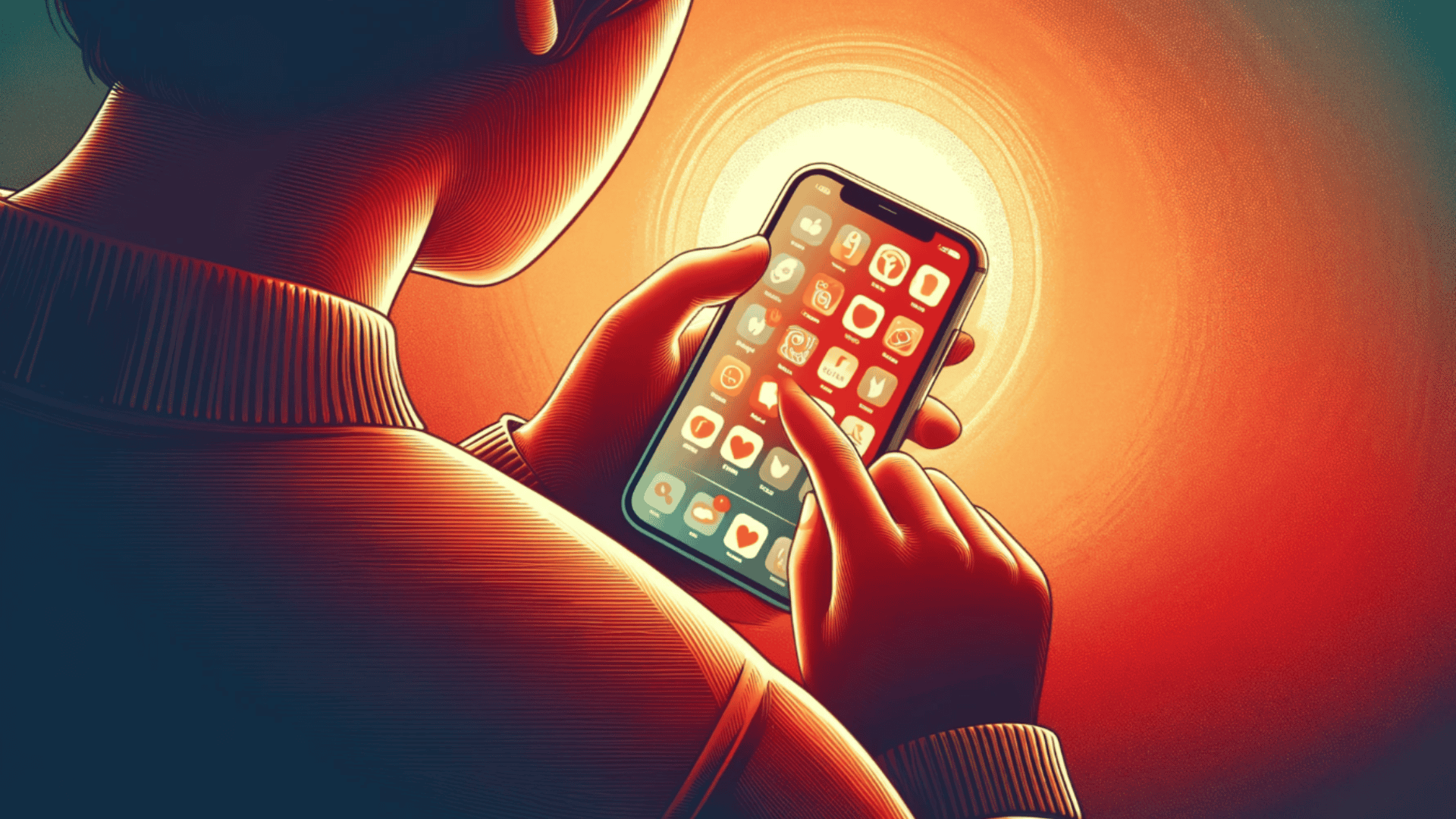 An illustration of someone using a smartphone with apps displayed on the screen. 