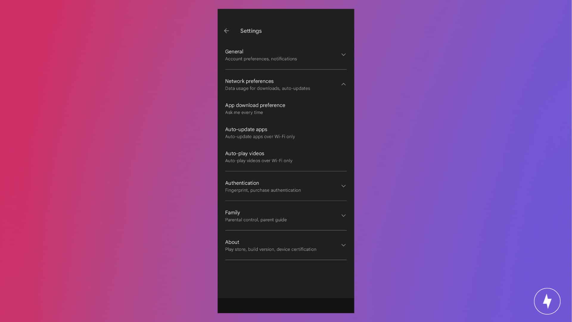 Google Play Store app settings on Android.