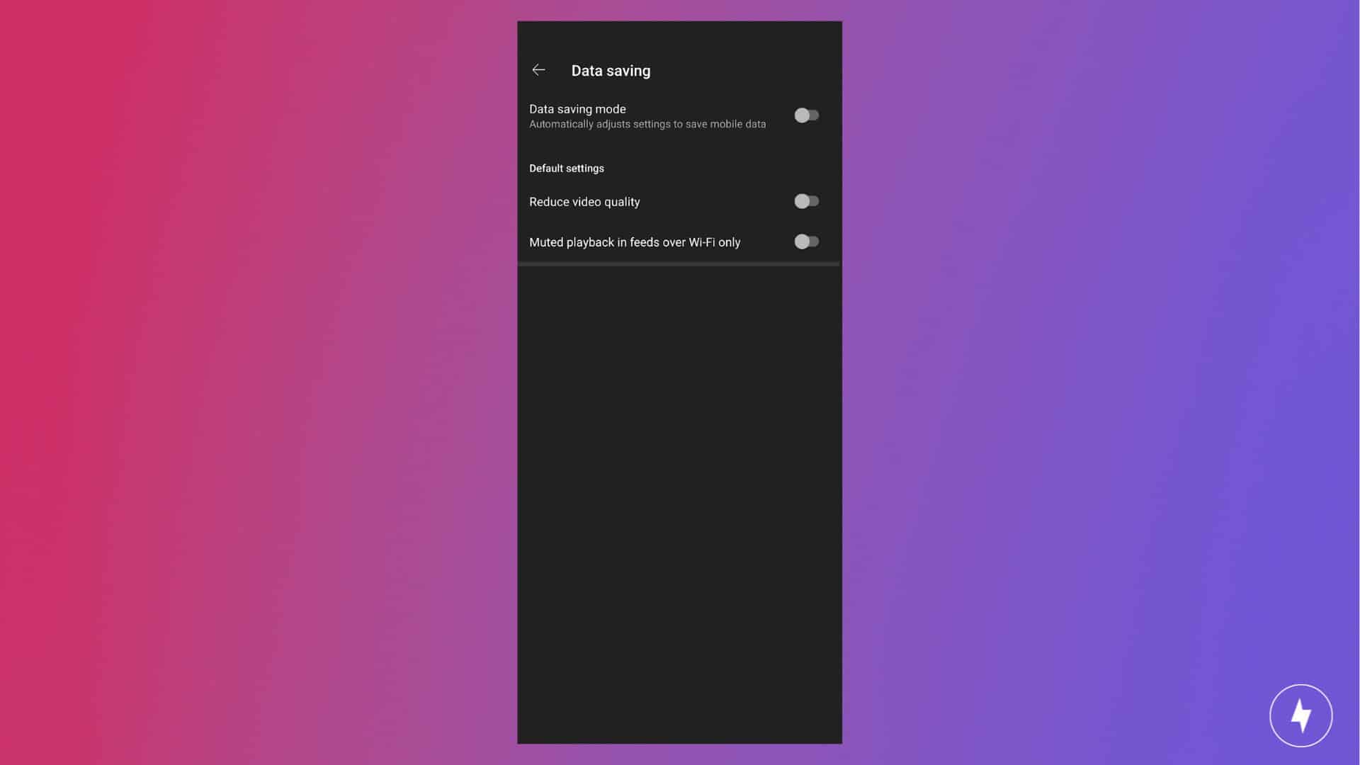 YouTube app data saving settings on Android