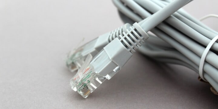 Bundled-up white Ethernet cords