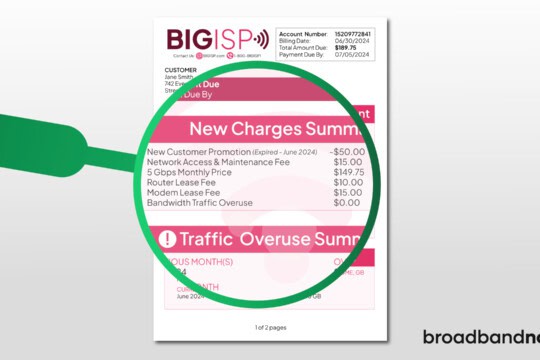 A graphic design image of a magnifying glass zooming in on the different hidden fees on an internet bill.
